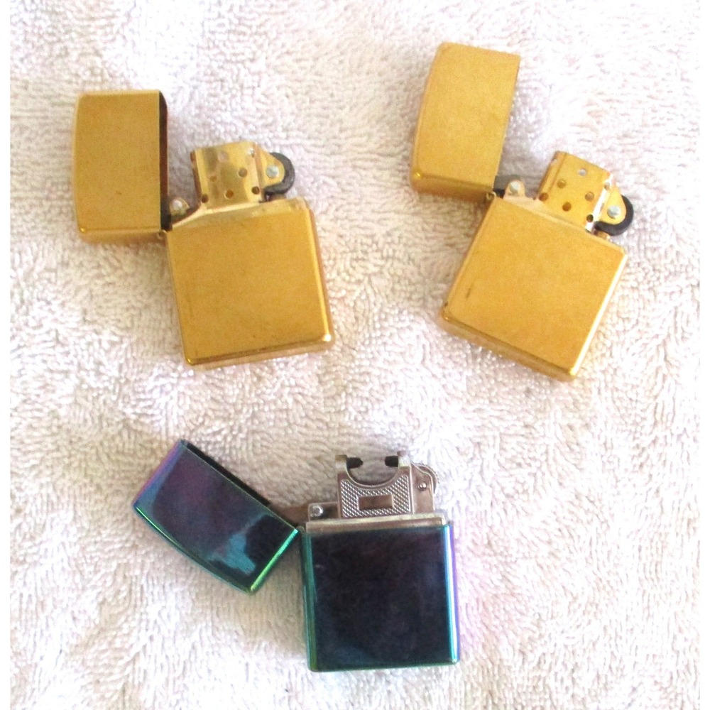 Lot of 3 Lighters 2 Gold Zippo 2003 Bradford PA and 1 Iridescent Electric Arc